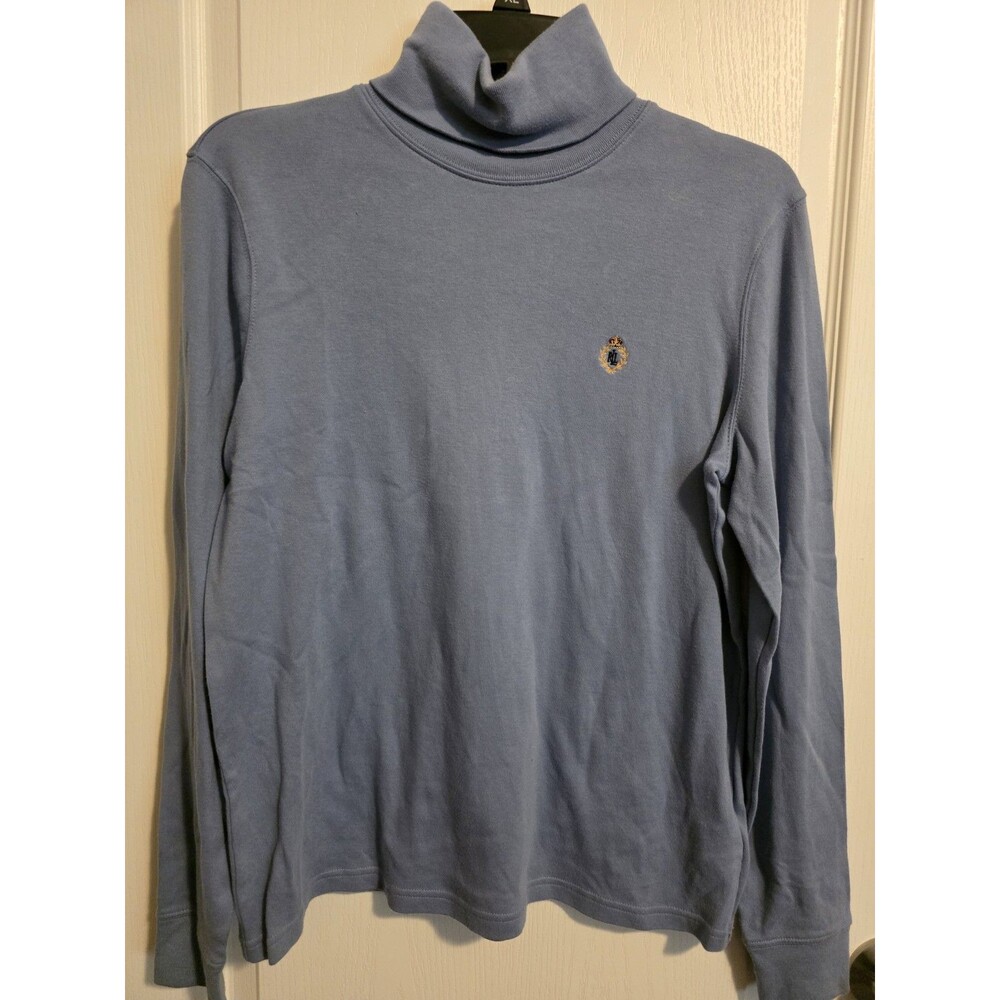Vintage Lauren Ralph Lauren Womens Blue Cotton Turtleneck Crest Logo Sz M (261)